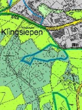 Karte des Gewerbegebiets südlich von Kluse mit markierten Wasserschutz-zonen und relevanten Flächen.