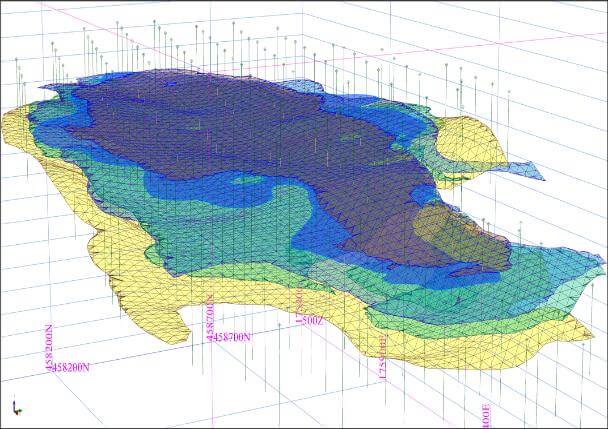 3D-Modell der geologischen Lagerstätten in Luena Süd und Kisulu, visualisiert zur Analyse der Ressourcenverteilung.