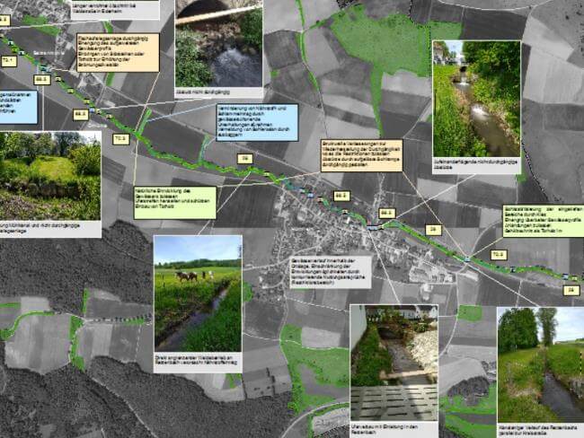 Visualisierung des Gewässerentwicklungskonzepts für Ederheim, Bayern, mit Fokus auf ökologische Maßnahmen und Planung.