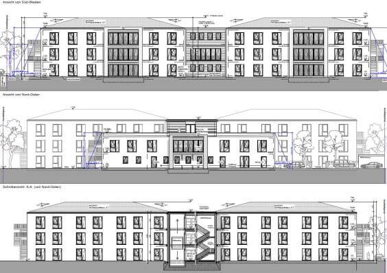 Architektonische Visualisierung des Neubaus eines Pflegeheims in Gau-Odernheim, Rheinland-Pfalz.