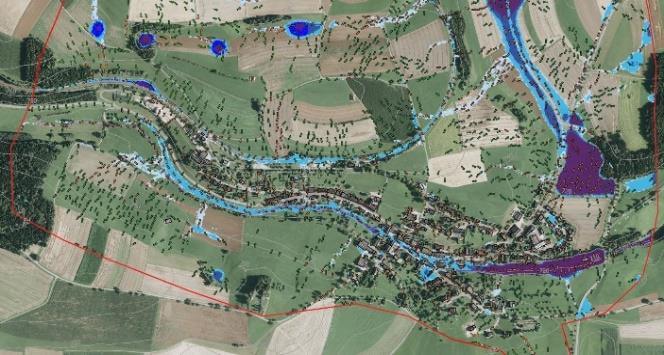 Grafik zu Starkregenrisiken in Löffingen, zeigt betroffene Gebiete und Maßnahmen zur Risikominderung.
