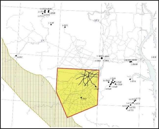 Erdgaslagerstätte Tagninskaya in Ostsibirien: Landschaftsaufnahme mit geologischen Merkmalen und Infrastruktur.