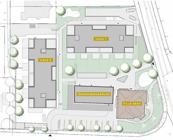 Ansicht der modernen Wohnanlage 'Wohnpark Villa Graf' in Gottmadingen, umgeben von grünen Landschaften.